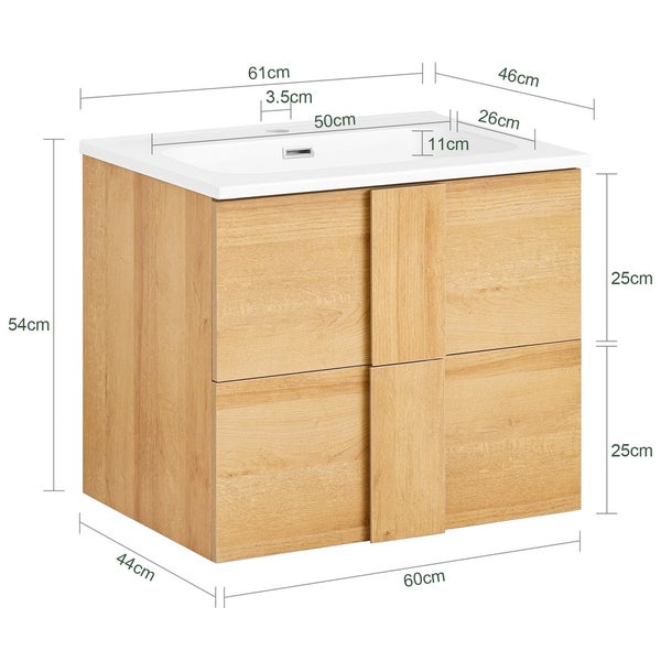 Waschtischunterschrank mit Schubladen und Maßangaben