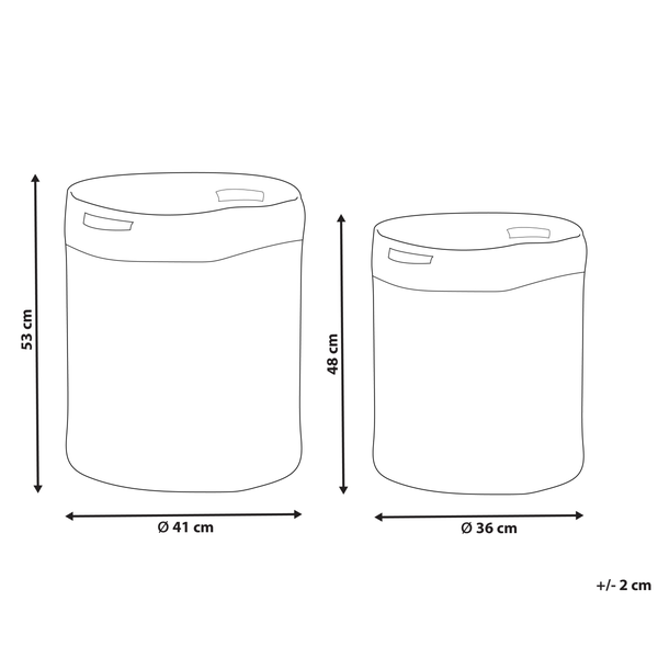 Technische Zeichnung von zwei runden Wäschekörben mit Griffen und den Maßen 41 Zentimeter Durchmesser und 53 Zentimeter Höhe sowie 36 Zentimeter Durchmesser und 48 Zentimeter Höhe