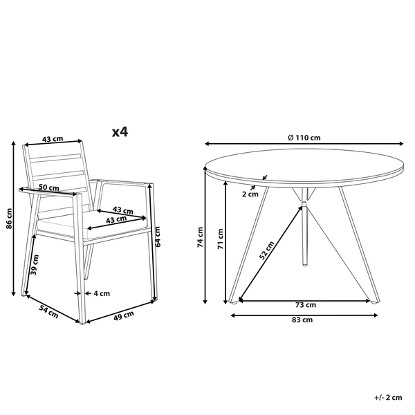 Technische Zeichnung eines Gartentischsets mit vier Stühlen und einem runden Tisch mit Maßangaben.