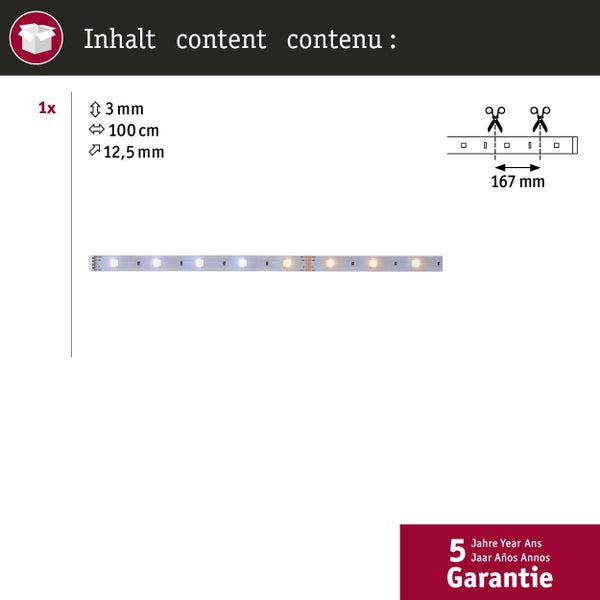 Packungsinhalt LED Leiste mit den Maßen: 3 mm, 100 cm und 12,5 mm. Die LED Leiste kann alle 167 mm gekürzt werden. Fünf Jahre Garantie.