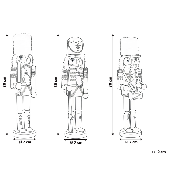 Abbildung von drei Nussknackern mit Maßangaben