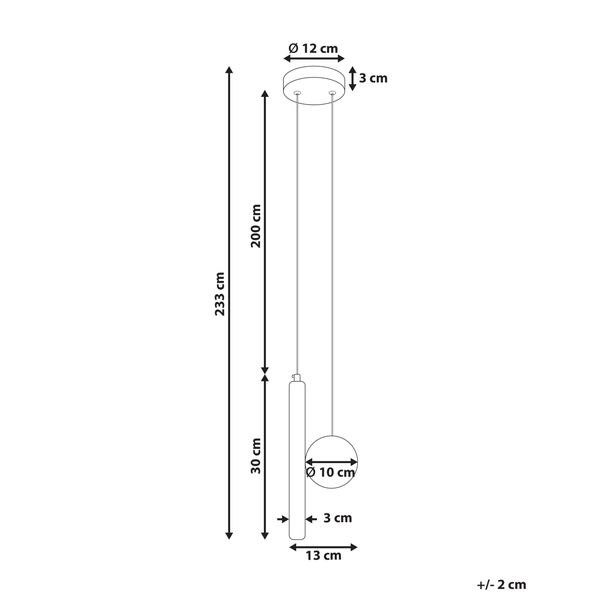 Technische Zeichnung Pendelleuchte: Gesamthöhe 233 Zentimeter, Kabellänge 200 Zentimeter, Stab 30 Zentimeter, Breite 13 Zentimeter.