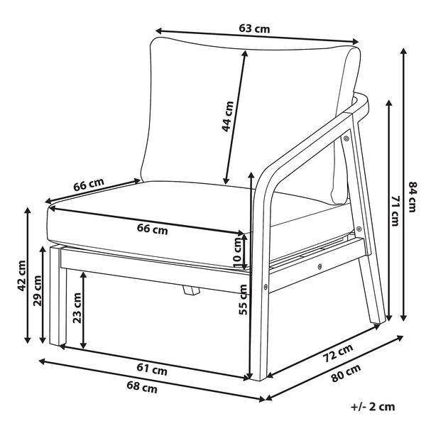 Maßzeichnung eines Loungesessels mit Sitz- und Rückenkissen inklusive Bemaßungen in Zentimetern.