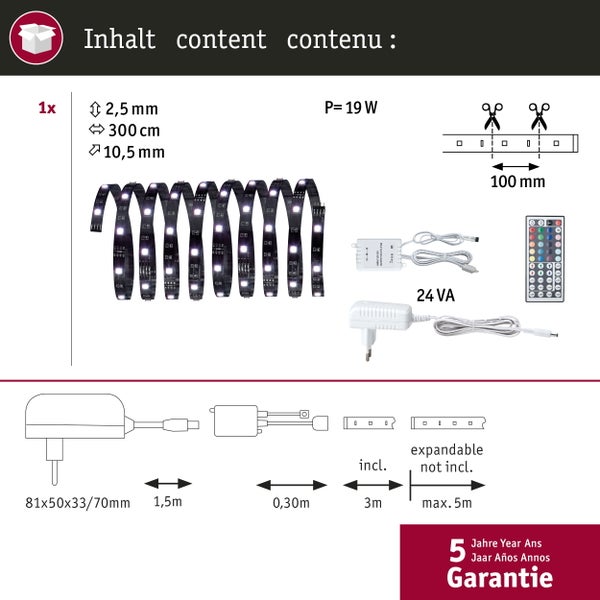 Inhalt der Verpackung: LED-Streifen, Leistung 19 Watt, Länge 300 Zentimeter, mit Fernbedienung