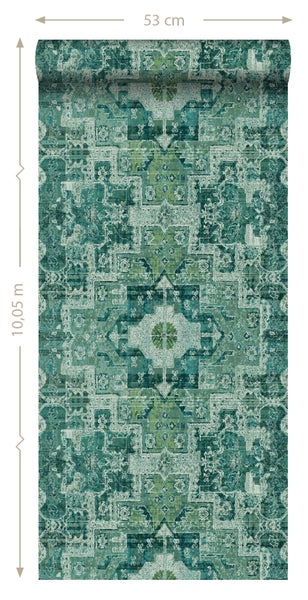 ESTAhome Tapete orientalisches Kelim-Patchwork Smaragdgrün - 53 cm x 10.05 m - 148659