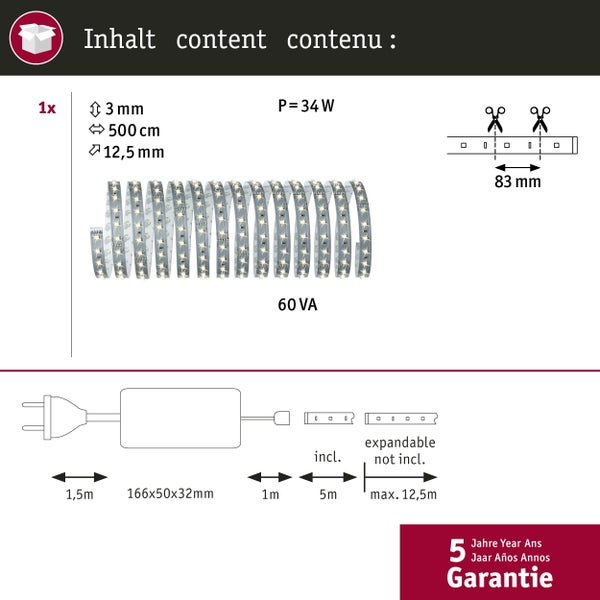 Packungsinhalt LED Stripe: 3 mm breit, 500 cm lang, 12,5 mm hoch, Leistung 34 Watt, 60 VA, erweiterbar bis maximal 12,5 Meter, inklusive 5 Meter Zuleitung, 1,5 Meter Zuleitung zum Trafo, Trafo 166x50x32 Millimeter, Garantie 5 Jahre
