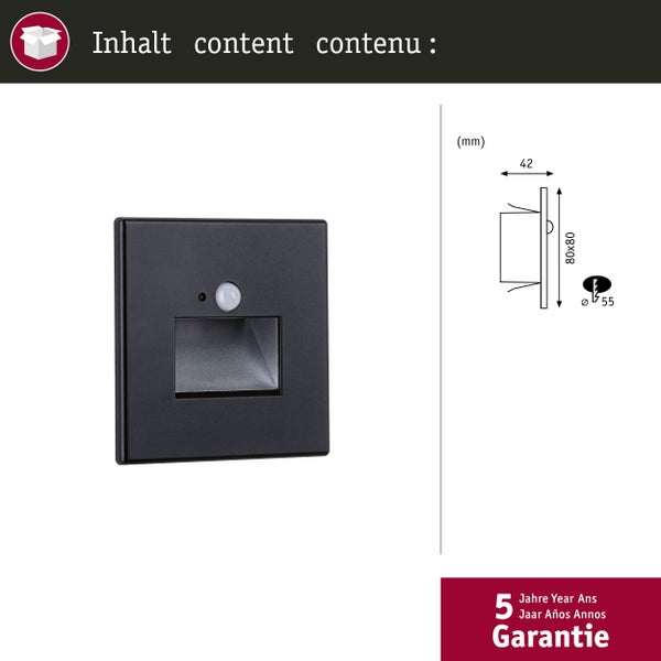 LED Wandeinbauleuchte Edge Quadro eckig 80x42mm 1,2W 25lm 230V 2700K Schwarz matt
