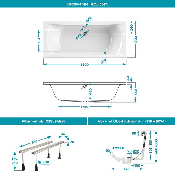 Technische Zeichnung mit Maßen für Badewanne 1800 mal 800 Millimeter, verstellbare Wannenfüße sowie Ab- und Überlaufgarnitur.