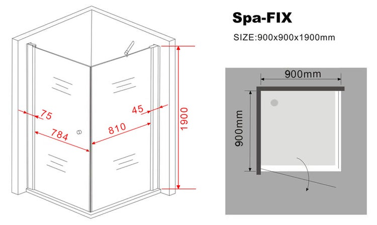 Technische Zeichnung einer Spa-FIX Duschkabine mit den Maßen 900x900x1900 Millimeter.
