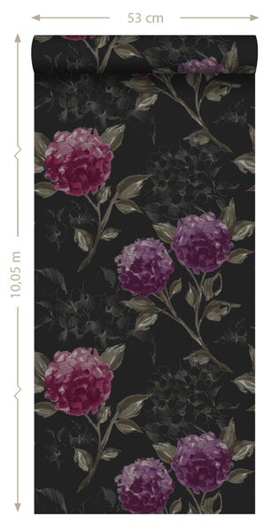 ESTAhome Tapete Hortensien Schwarz und Aubergineviolett - 53 cm x 10.05 m - 128025