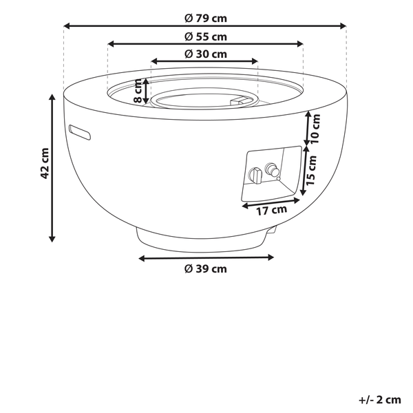 Runde Gas-Feuerstelle in Betonoptik mit Metallbrenner und seitlichem Bedienfeld mit Beliani Logo.