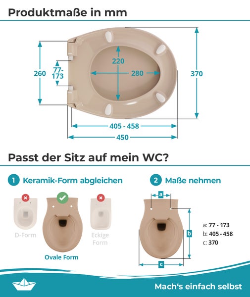 Calmwaters® WC Sitz Original einfache Montage, Premium Toilettendeckel bis 250 kg, Made in EU, antibakterieller Duroplast, Absenkautomatik, 2 Montage Optionen, abnehmbar, Klobrille, oval, Beige-Bahamabeige