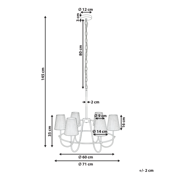 Maßzeichnung einer Hängeleuchte mit sechs Lampenschirmen. Gesamthöhe 145 Zentimeter, Durchmesser 71 Zentimeter, Lampenschirmhöhe 16 Zentimeter.