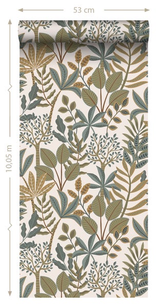 ESTAhome Tapete Blätter Graublau, Olivgrün und Ockergelb - 50 x 900 cm - 139839