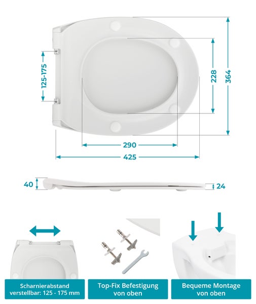 Calmwaters® Flacher WC-Sitz mit Absenkautomatik, Slim, antibakterieller Duroplast Toilettensitz, Edelstahl-Scharniere, Abnehmbar, extraflacher WC-Deckel, Standard O-Form, 26LP3163