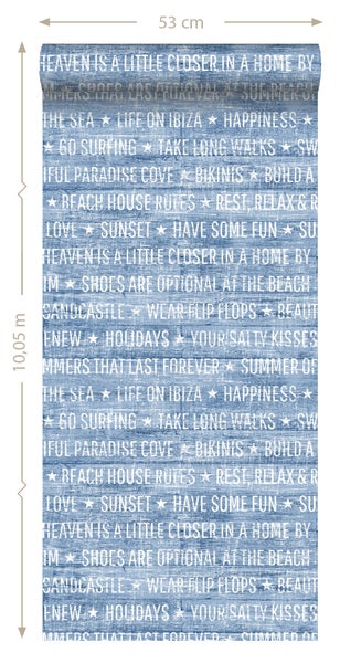 ESTAhome Tapete sommerliche Texte Blau - 53 cm x 10.05 m - 148643