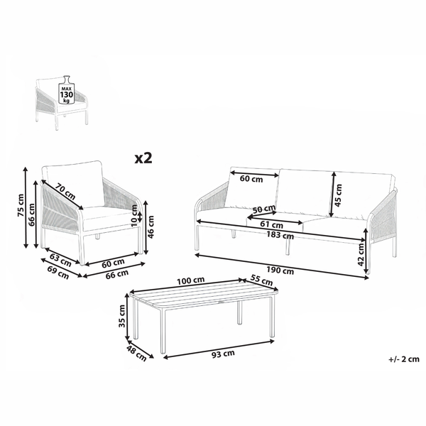 Skizze einer Loungegruppe mit Maßangaben