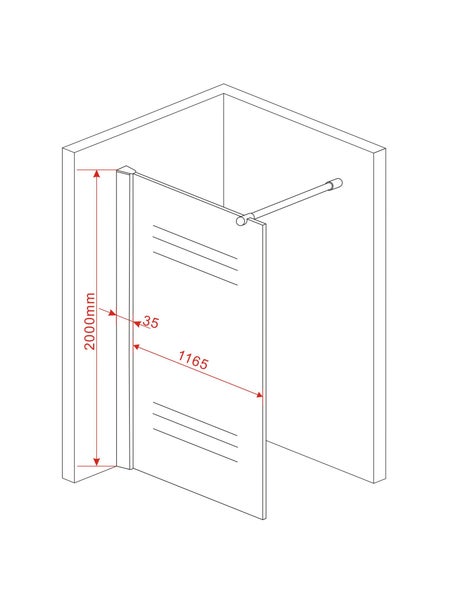Technische Zeichnung einer Duschkabine mit den Maßen 2000 mm Höhe und 1165 mm Breite