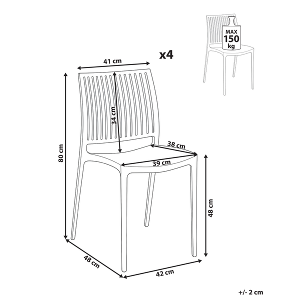 Maßzeichnung Stapelstuhl 4er Set: Höhe 80 Zentimeter, Sitzhöhe 48 Zentimeter, Breite 42 Zentimeter, Tiefe 48 Zentimeter, Belastbarkeit 150 Kilogramm.