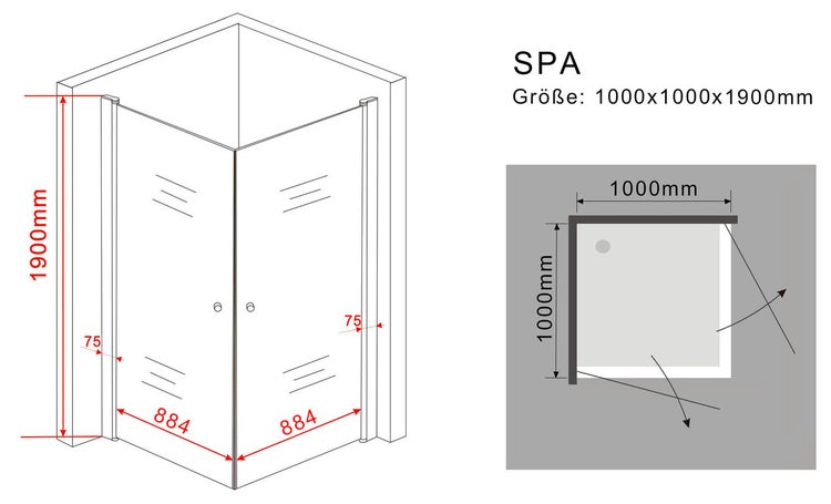 Technische Zeichnung einer Eckdusche mit den Maßen 1000x1000x1900 mm