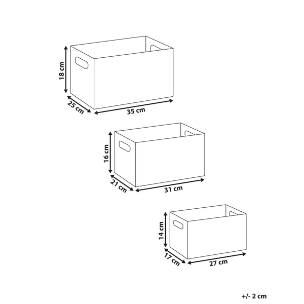 Abbildung von drei Aufbewahrungsboxen mit Größenangaben