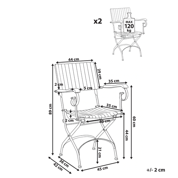 Maßzeichnung für zwei Gartenstühle mit Armlehnen, maximale Belastbarkeit 120 Kilogramm, Abmessungen in Zentimetern.