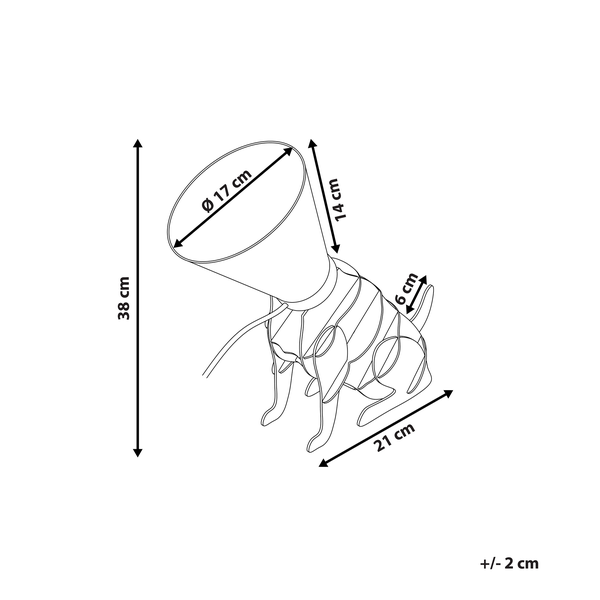 Technische Zeichnung einer Hundelampe mit den Maßen 38 cm Höhe, 17 cm Durchmesser Lampenschirm, 14 cm Lampenschirmhöhe, 21 cm Länge und 6 cm Schwanzhöhe