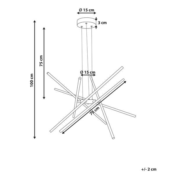 Abmessungen einer Pendelleuchte mit einer Länge von 100 cm und einem Durchmesser von 15 cm.