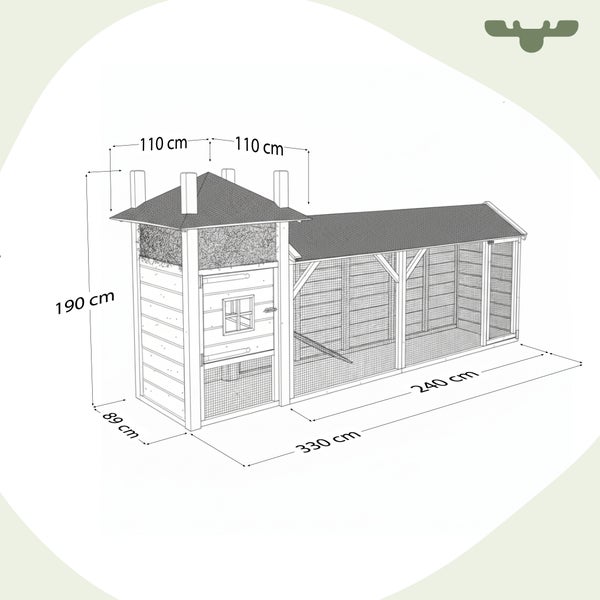 Abbildung eines Hühnerstalls mit den Maßen 330 mal 89 mal 190 Zentimeter.