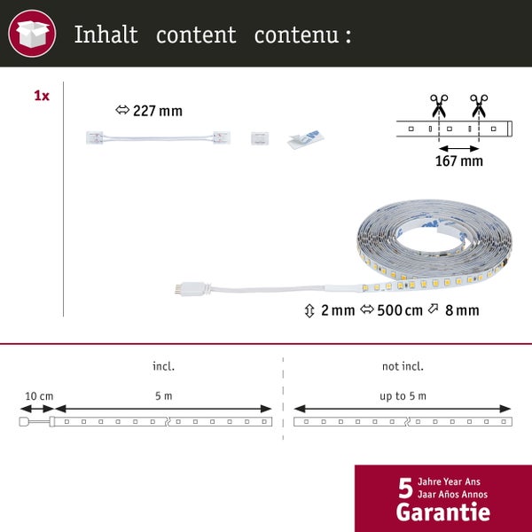 Packungsinhalt: LED Streifen mit 500 cm Länge, 8 mm Breite und 2 mm Dicke, inklusive 5 m Anschlusskabel und Montagezubehör