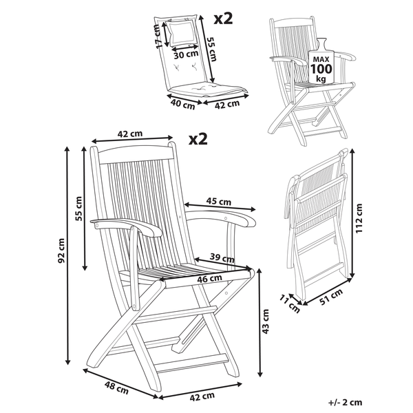 Technische Zeichnung mit Maßen für einen Gartenklappstuhl und ein Sitzkissen im 2er-Set. Maximale Belastbarkeit 100 Kilogramm.