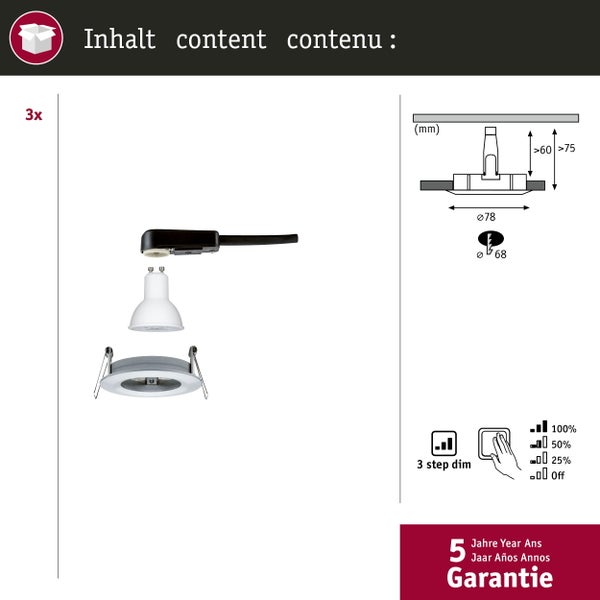 LED Einbauleuchte 3-Step-Dim Nova Basisset starr IP44 rund 78mm GU10 3x6,5W 3x460lm 230V dimmbar 2700K Alu gedreht