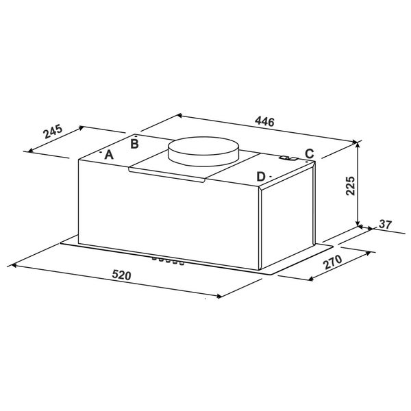 Technische Zeichnung einer Dunstabzugshaube mit Maßangaben
