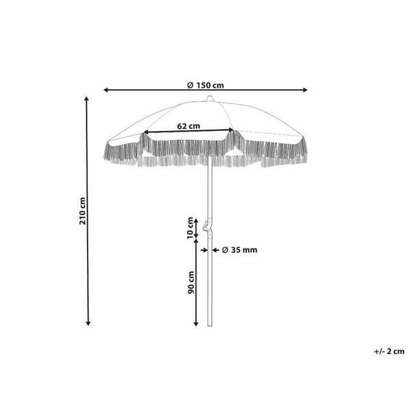 Sonnenschirm mit Fransen: Durchmesser 150 Zentimeter, Höhe 210 Zentimeter, Stockdurchmesser 35 Millimeter. Toleranz plus minus 2 Zentimeter.