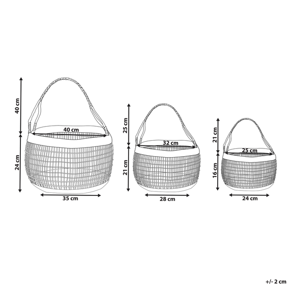 Abbildung der Maße dreier geflochtener Körbe