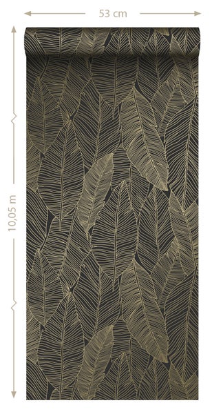ESTAhome Tapete gezeichnete Blätter Schwarz und Gold - 53 cm x 10.05 m - 139126
