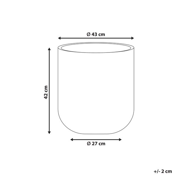 Abbildung eines Pflanzgefäßes mit den Maßen 43 cm Durchmesser oben, 27 cm Durchmesser unten und 42 cm Höhe