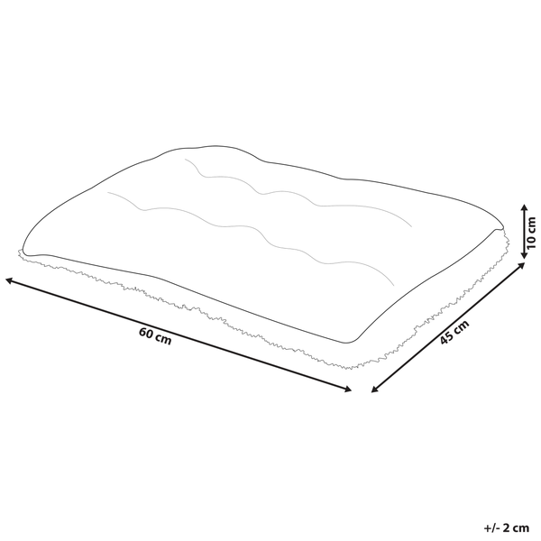 Skizze eines Hundekissens mit den Maßen 60 mal 45 mal 10 Zentimeter und einer Toleranz von plus minus 2 Zentimetern.
