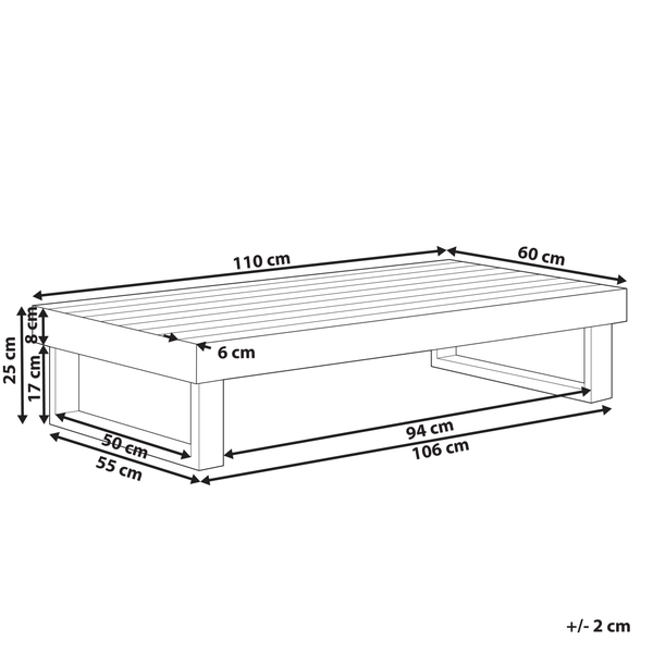 Technische Zeichnung mit Maßangaben für eine niedrige Gartenbank oder einen Loungetisch mit einer Länge von 110 Zentimeter.