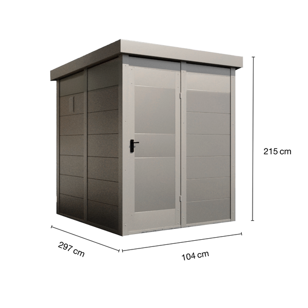 Gartenschrank mit den Maßen 215 cm Höhe, 297 cm Breite und 104 cm Tiefe