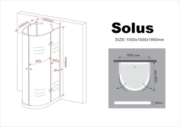 Technische Zeichnung einer Duschkabine Solus mit den Maßen 1000 x 1000 x 1950 Millimeter.