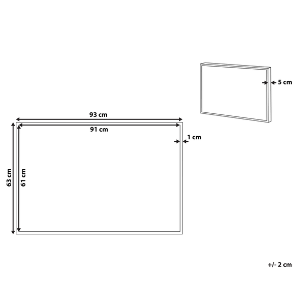 Technische Zeichnung mit Maßangaben für einen Rahmen: 93 cm breit, 63 cm hoch, 5 cm tief