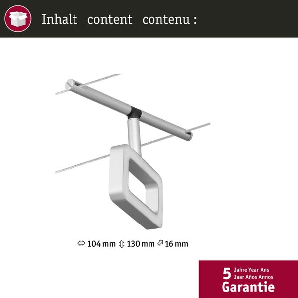 LED-Seilsystem-Strahler mit Maßen 104 Millimeter mal 130 Millimeter mal 16 Millimeter und 5 Jahren Garantie.