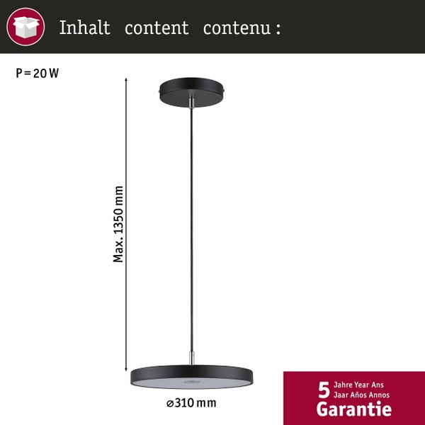 Pendelleuchte mit einem Durchmesser von 310 Millimetern, einer maximalen Höhe von 1350 Millimetern, 20 Watt Leistung und 5 Jahren Garantie.