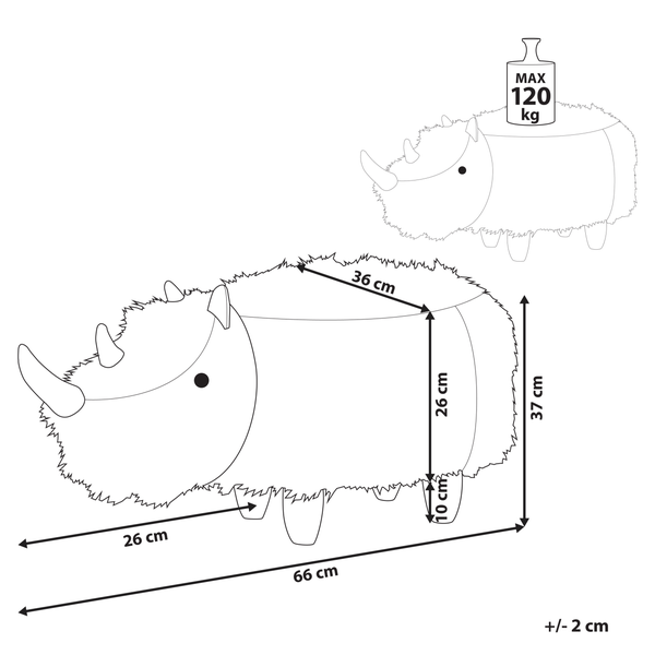 Abmessungen eines Nashornförmigen Kinderhockers mit einer maximalen Belastbarkeit von 120 Kilogramm
