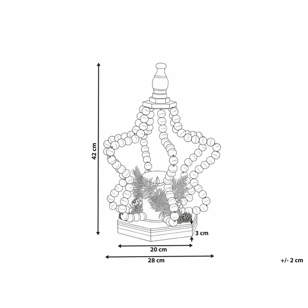 Abmessungen einer Dekolaterne mit Holzsockel, Pflanzen und Kugeln: Höhe 42 cm, Breite Sockel 28 cm, Breite Pflanzen 20 cm, Höhe Sockel 3 cm
