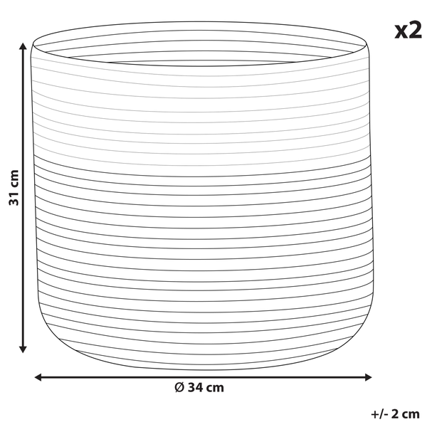Abbildung eines Pflanzgefäßes mit den Maßen 31 Zentimeter Höhe und 34 Zentimeter Durchmesser, im Doppelpack