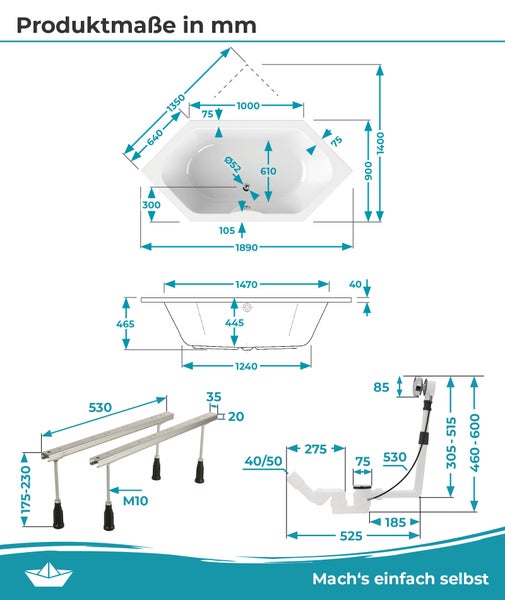 Maßzeichnung einer sechseckigen Badewanne mit Zubehör. Abmessungen in Millimeter für die Wanne, die Wannenfüße und die Ablaufgarnitur.