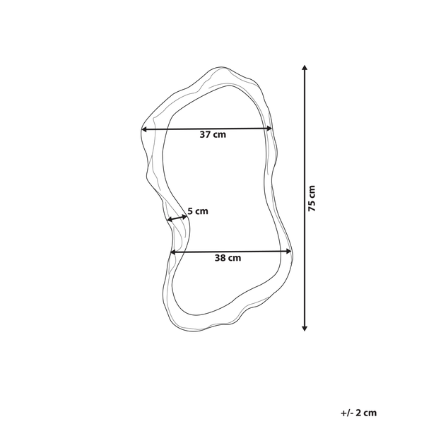 Maßskizze: Höhe 75 Zentimeter, Breiten 37 und 38 Zentimeter, Rand 5 Zentimeter. Toleranz plus minus 2 Zentimeter.