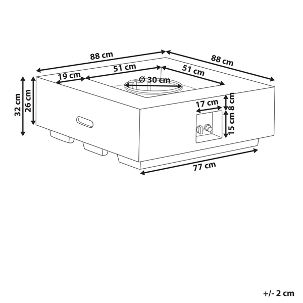 Quadratische Gasfeuerstelle in Beton-Optik von Beliani mit zentralem Brenner und seitlichem Bedienfeld.